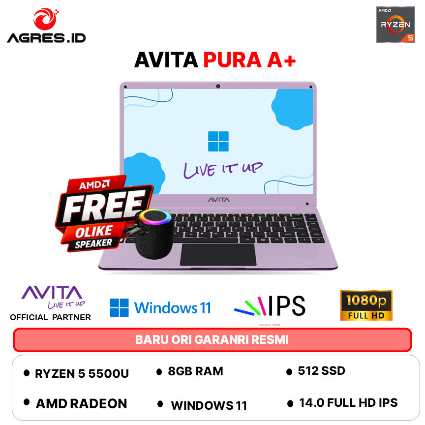 LAPTOP AVITA PURA A+ RYZEN 5 5500 - RAM 8GB 512GB WINDOWS11+OHS 14.0FHD IPS