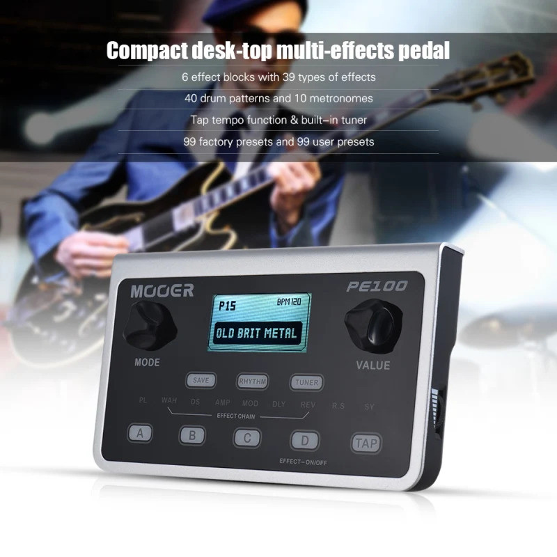 MOOER PE100 Portable Multi-effects Processor Guitar Effect Pedal 39 Effects 40 Drum Patterns 10 Temp
