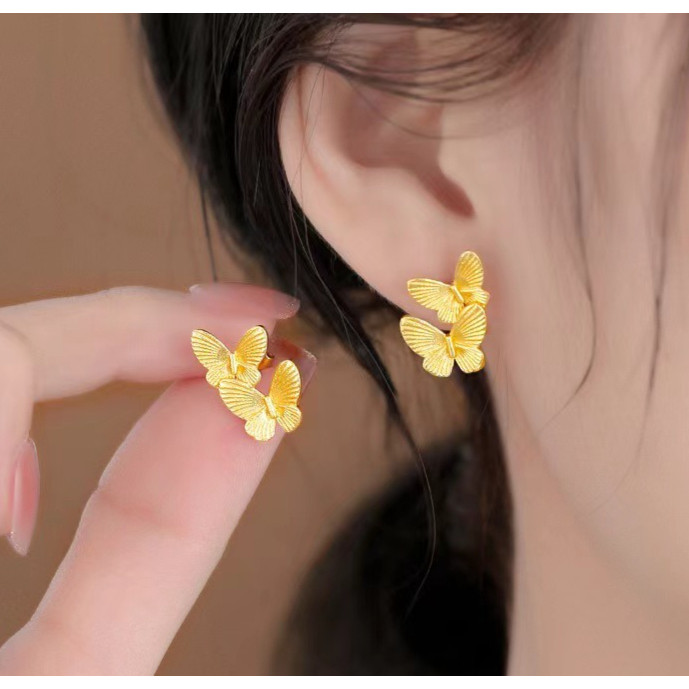 T ACC Anting Kupu-Kupu Emas Halus Desain Kecil Jarum Perak Wanita Q663