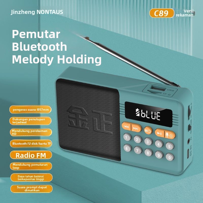 Radio Jinzheng C89 untuk Lansia Speaker Bluetooth Kecil Isi Ulang Timer Slot Kartu Pemutar Multi-Fun