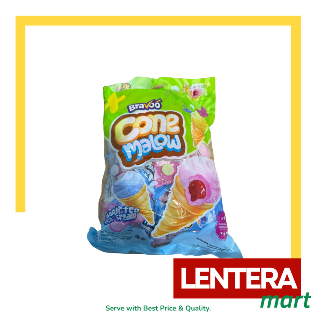 

[1 PACK isi 20 pcs] Bravoo Cone Mallow Marshmallow Bentuk Ice Cream Rasa Buah 20x4.6gr LenteraMart