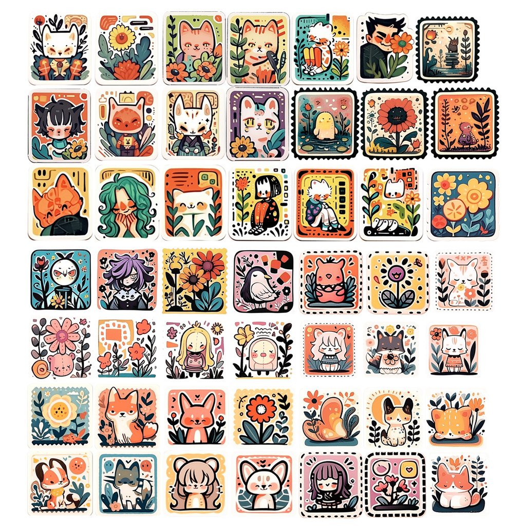 

50pcs Retro Stamp Stickers Cartoon Graffiti Style Stickers Decorative Waterproof Suitcase Notebook Thermos Cup Self-Adhesive