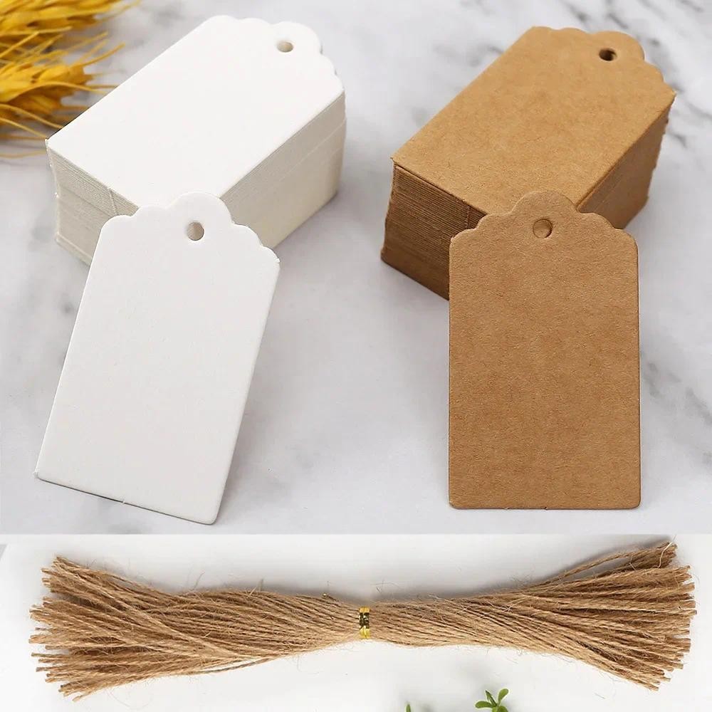

50pcs Kraft Paper Tags White Cardboard Cards with Strings Wedding Birthday Party Gift Tag Cookie Packaging Supplies