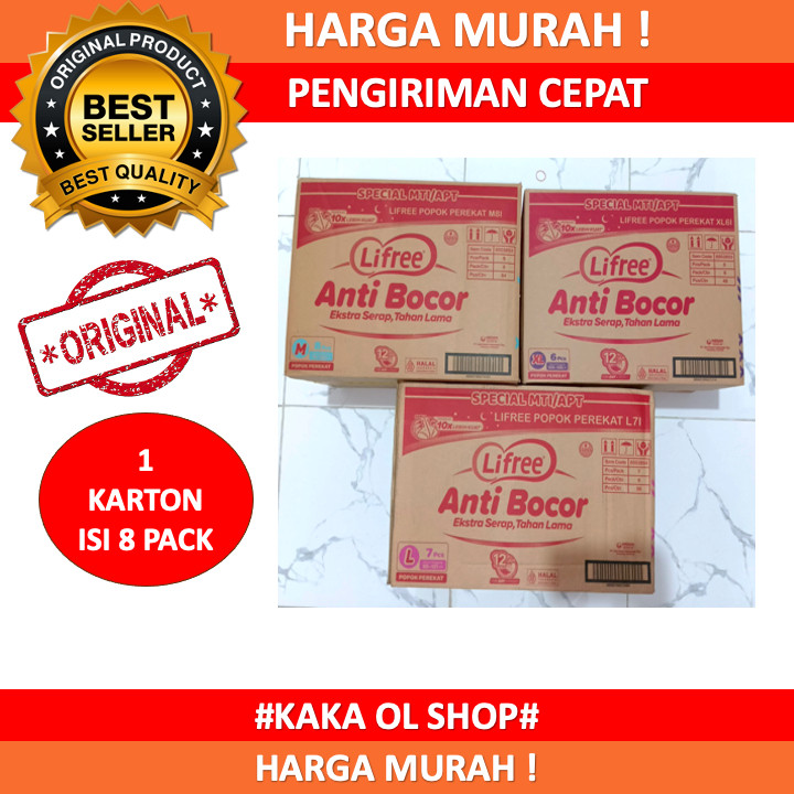 Lifree Popok Perekat Dewasa / Popok Dewasa Perekat Ukuran M8/L7/XL6 Isi 8 Pack/Karton