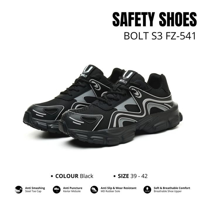 Sepatu Safety BOLT S3 Black Shoes Low Model Stylish Sport Sneakers Kerja Proyek Industri Pria Wanita