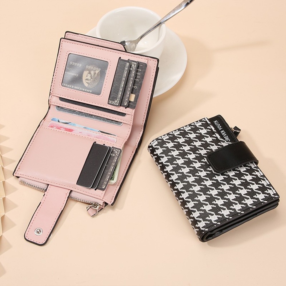 KOOKY - Dompet Lipat Wanita Motif Houndstooth Hitam Simple Tas Dompet Kartu / Koin Kulit PU Tebal
