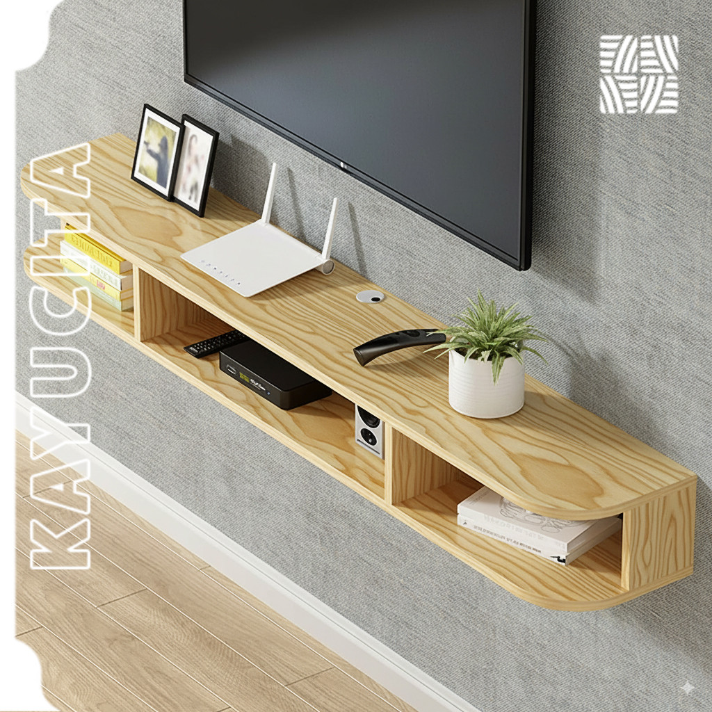 Rak TV Gantung Kayu Pinus Premium – Floating Shelf Estetik Minimalis, Kokoh & Rapi, Bisa Custom Ukur