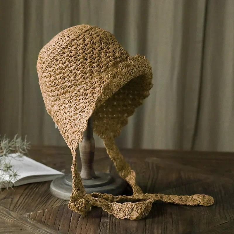 Retro Palace Princess Style Straw Hat Matching Spring Summer Korean Tied Ribbon Cute Bucket Caps Lol