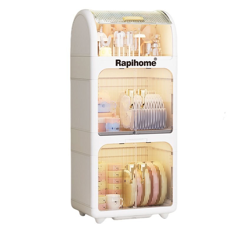 RAPIHOME Rak Piring Tertutup Rak Piring Plastik Tertutup Estetik Minimalis Rak Piring 3 Susun Putih