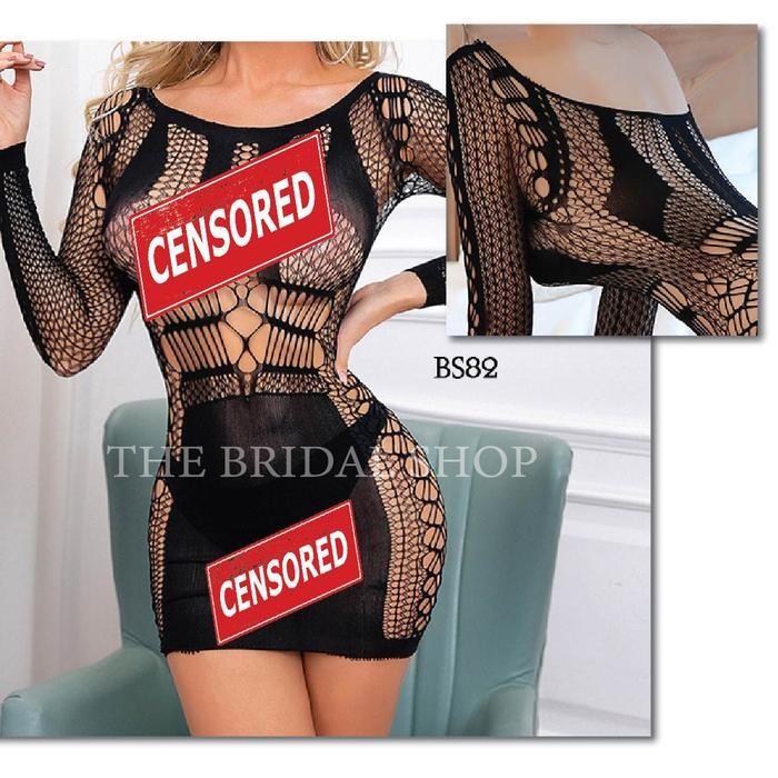 Mini Dress Night Gown Jumbo Lengan Panjang Transparan Jaring Premium BS82