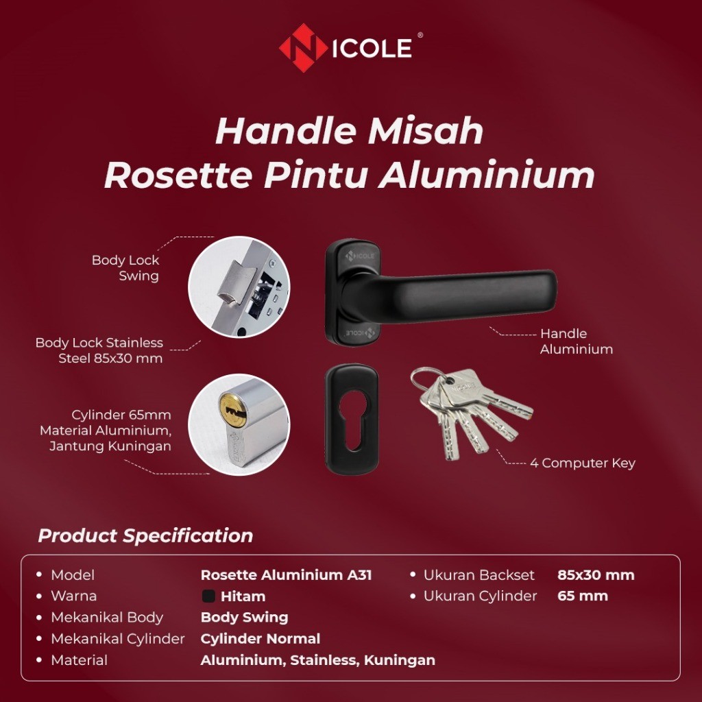 Toko Avian Nicole Kunci Pintu Aluminium A31 Rosette Handle Misah Pintu Aluminium Kaca A31 Set