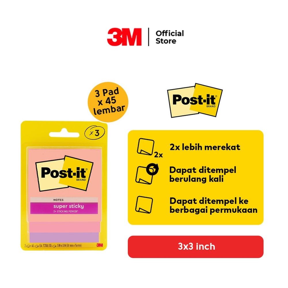 POST IT SUPER STICKY NOTES 3321 135'S FLAMINGO 3x3inch