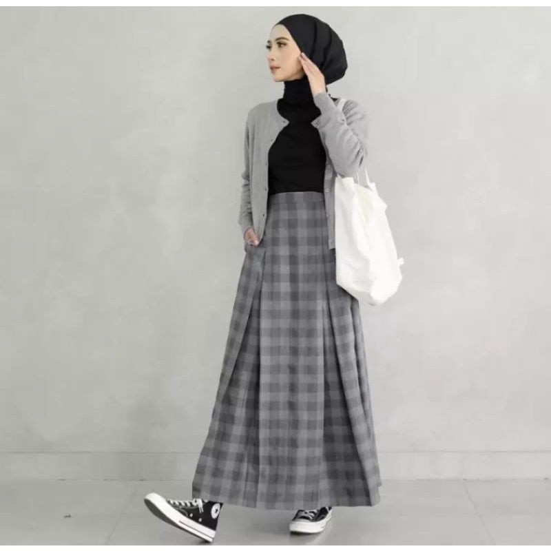 ROK TARTAN KOTAK REMPEL/ROK MUSLIMAH PANJANG/Terbaru