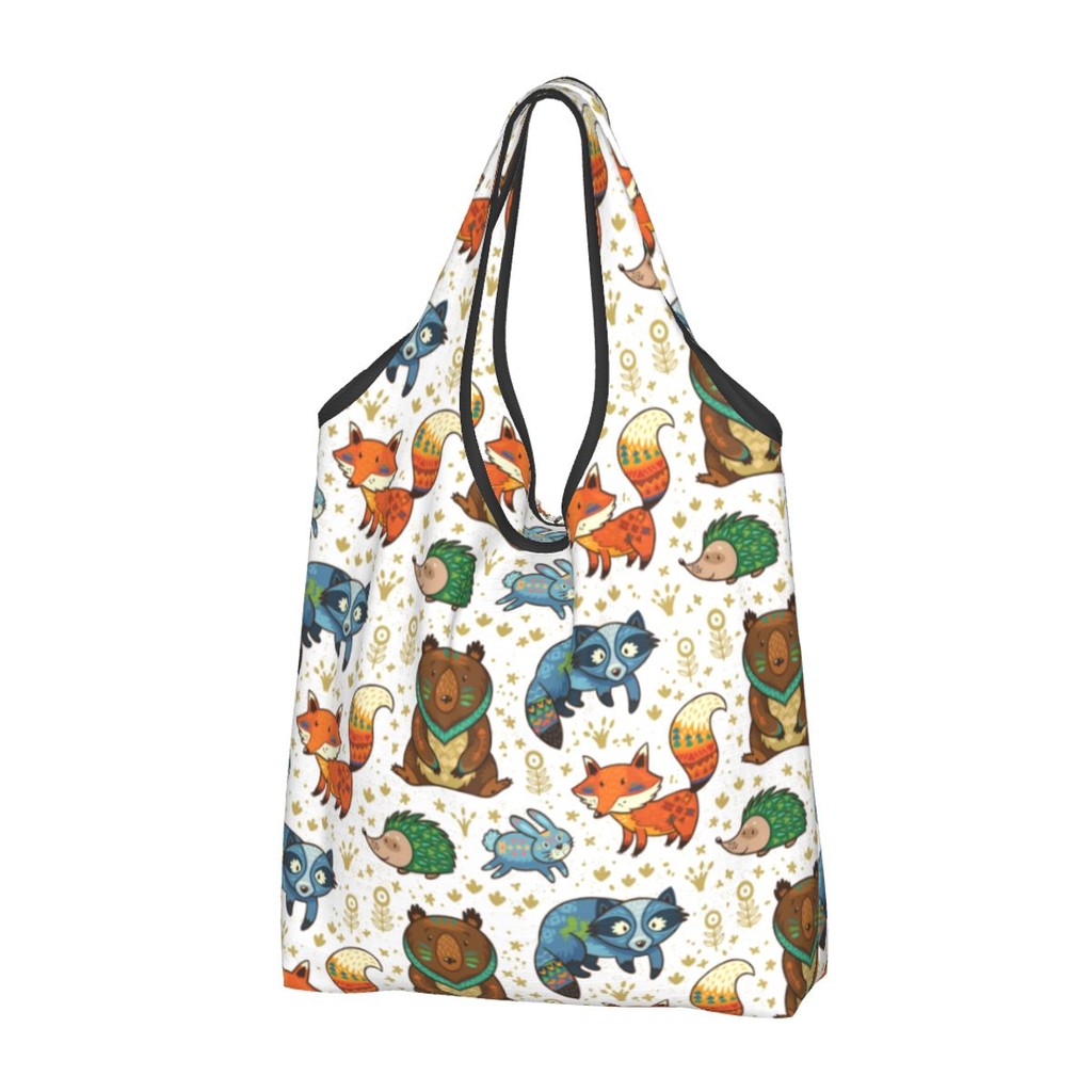 Large Reusable Woodland Annimals Hedgehog Grocery Bags Recycle Foldable Shopping Eco-Friendly Bag Wa