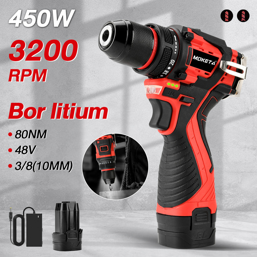 MOKETA Mesin Bor Cordless Impact Drill 48V Bor Listrik Baterai Beton Tembok Kayu Besi Bolak Balik He