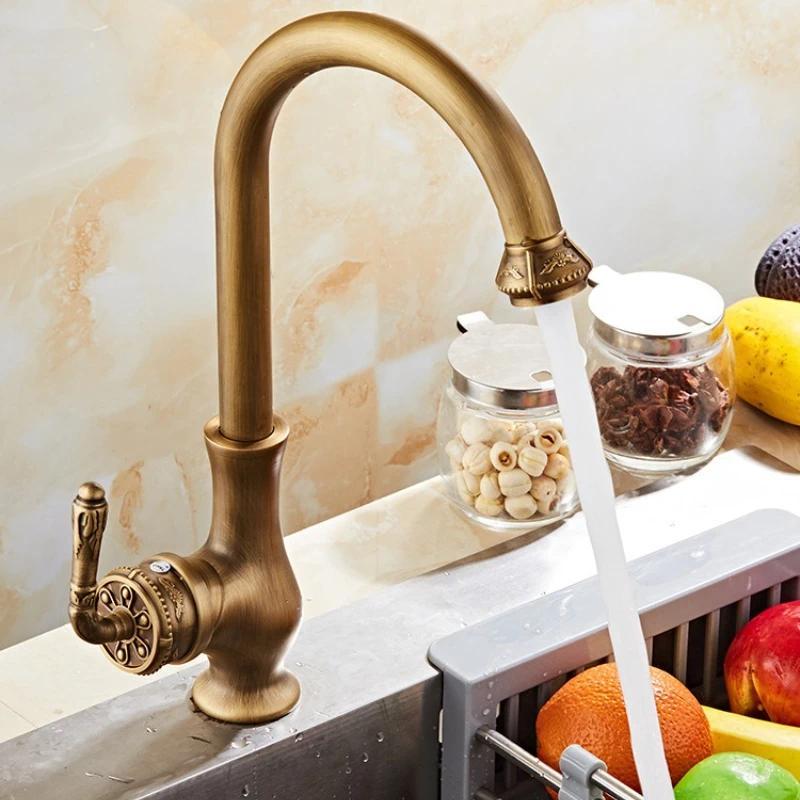 Keran Dapur Tembaga Antik Kran Mixer Meja Panas Dingin Wastafel Cuci Piring Putar Single Handle