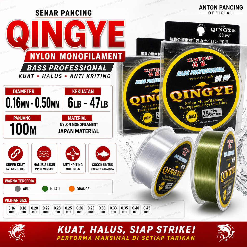 Qingye 100M Senar Pancing 0.16,0.18,0.20,0.22,0.23,0.25,0.26,0.28,0.30,0.33,0.35 ,0.40,0.45,0.50mm N