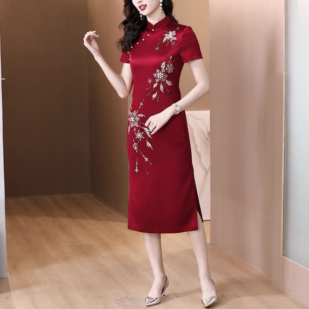 20266v Dress bordir wanita, gaun Cheongsam merah