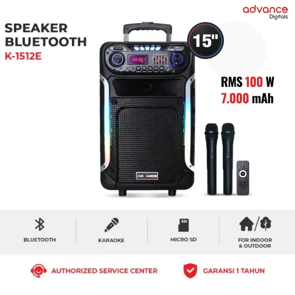 Advance K-1512-E Speaker Bluetooth 15" Free 2 Mic Wireless Bass Mantap Garansi 12 Bulan