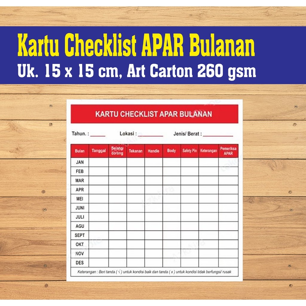 Kartu Checklist l Ceklis APAR Bulanan Uk. 15 x 15 CM