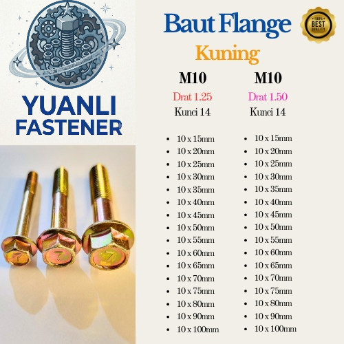 (10 Pcs) Baut Flange Kuning  Ukuran M10 (Kunci 14) Lapis Galvanis
