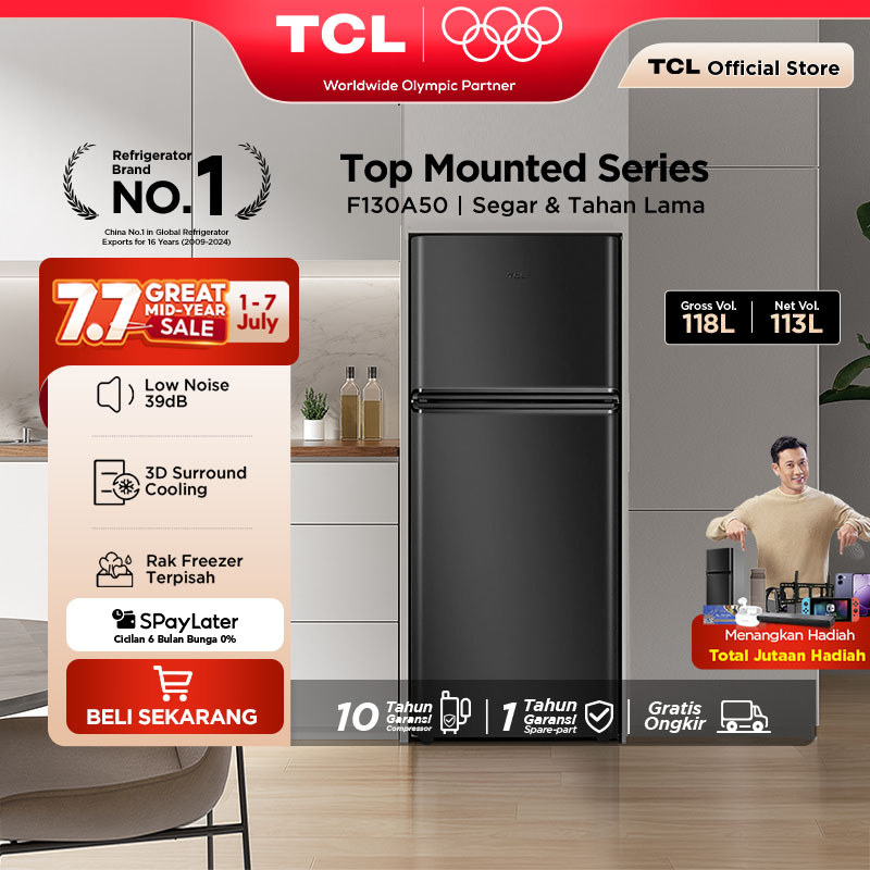 TCL Kulkas 2 Pintu (F130-A50) - Kapasitas 118L - Rak Freezer Terpisah - 3D Surround Cooling - Adjust