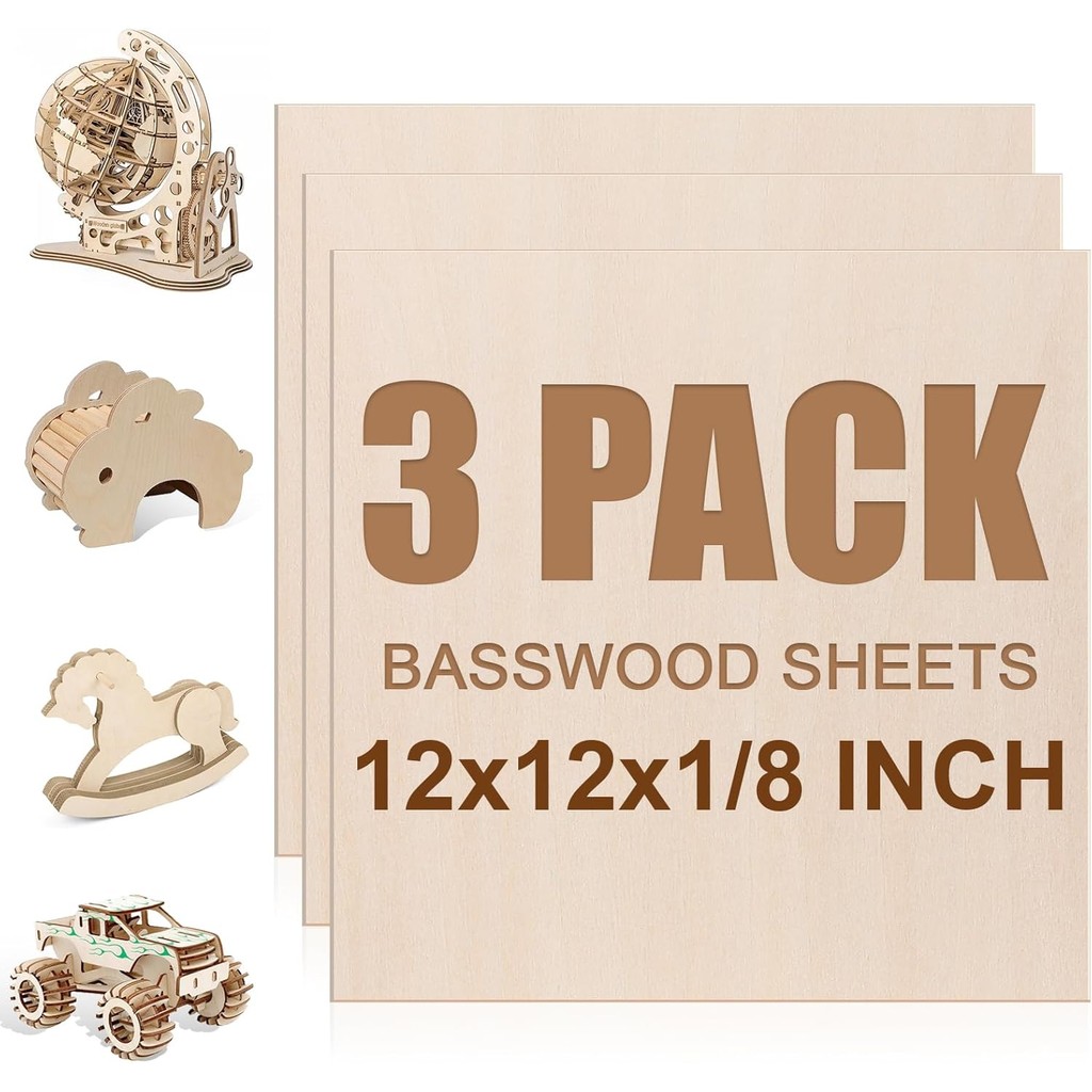 

3 Pack Basswood Sheets 1/8"x12"x12", 3mm Basswood for Laser Cutting and Engraving,for Crafts, DIY Ornaments Model, Wood Burning.