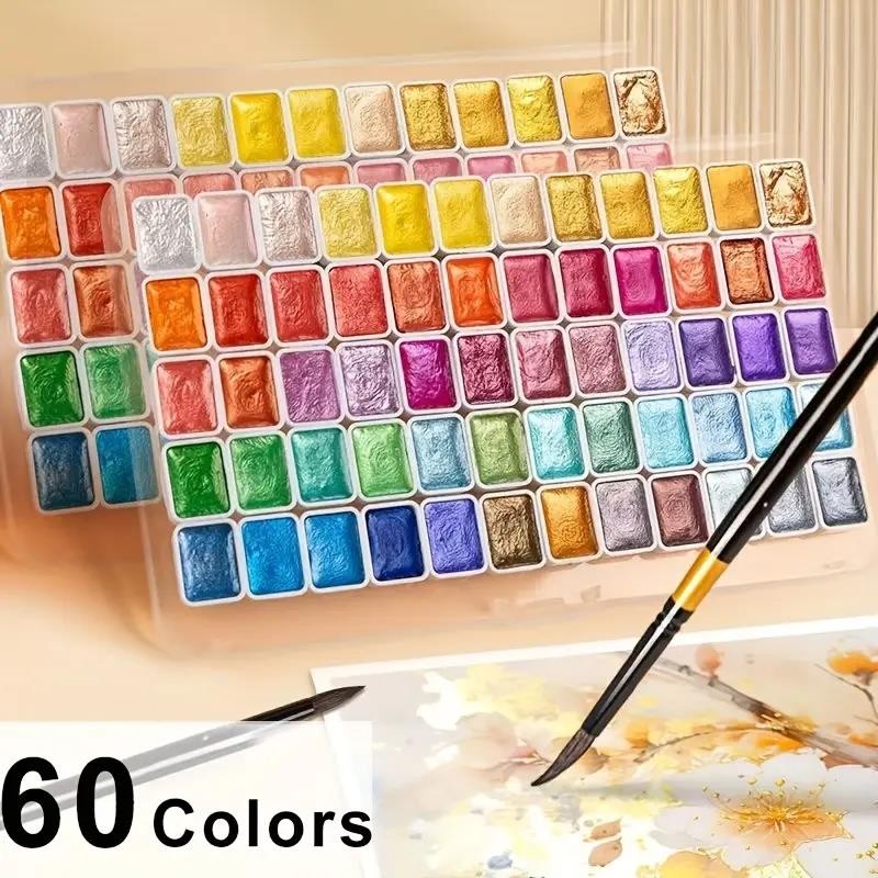 

Intense Sparkle 60Color Pearlescent Watercolor Paint Set -Professional Coverage, Light Fastness - Glitter Solid Pigments for Art