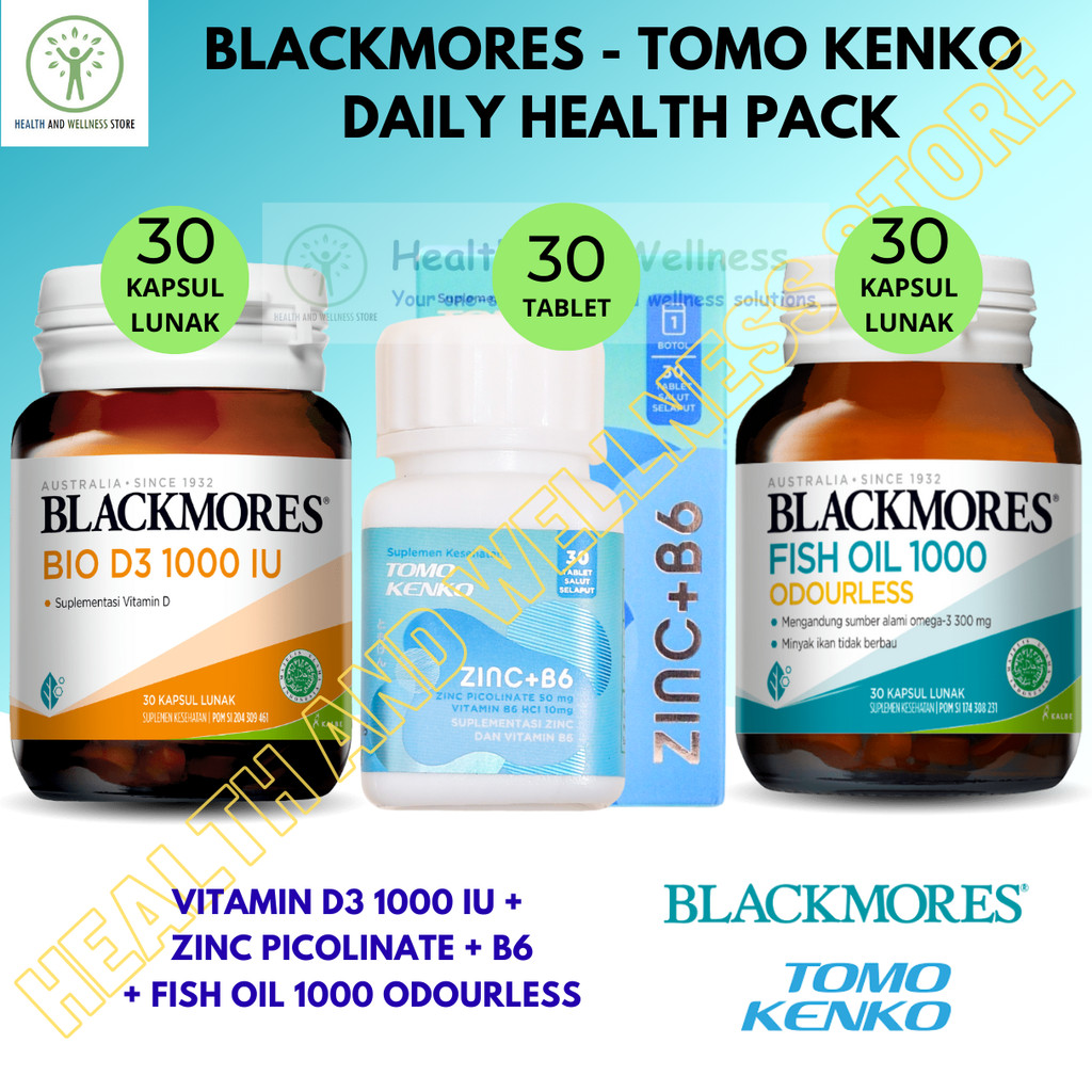 Blackmores Fish Oil 1000 Odourless Bio D3 1000 IU Kapsul Lunak Tomo Kenko Zinc B6 Paket