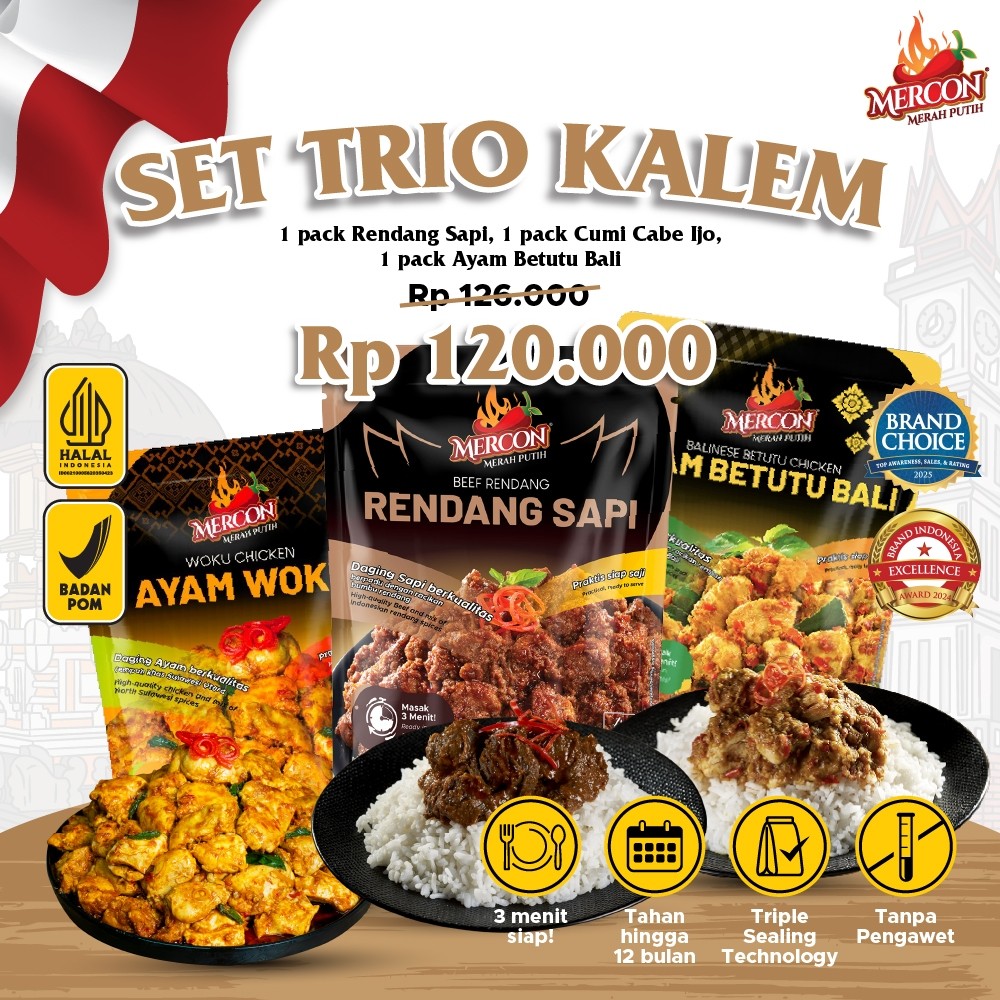 

Mercon Merah Putih - Set Trio Kalem || Rendang Sapi + Ayam Woku + Ayam Betutu