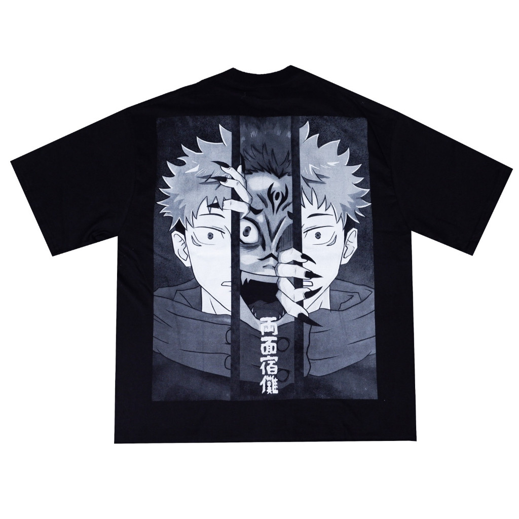 (TOP) YUJI Itadori X Sukuna Jujutsu Kaisen Kaos Oversize Combed Hitam Sablon Plastisol
