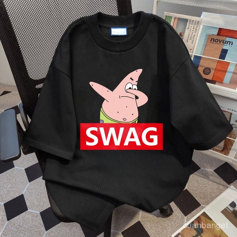 Kaos bermotif hitam putih untuk pria dan wanita Babi Kartun Swag 100% katun  Atasan Wanita Korea Sty