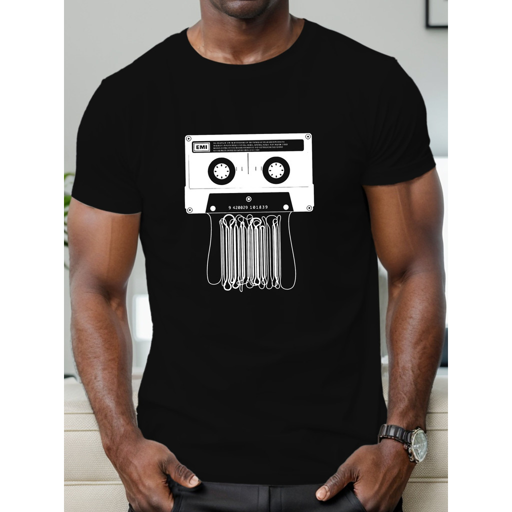 Kaos Lengan Pendek Kasual Pria - Desain pita kaset dan garis-garis, kerah bundar yang bernapas, bisa