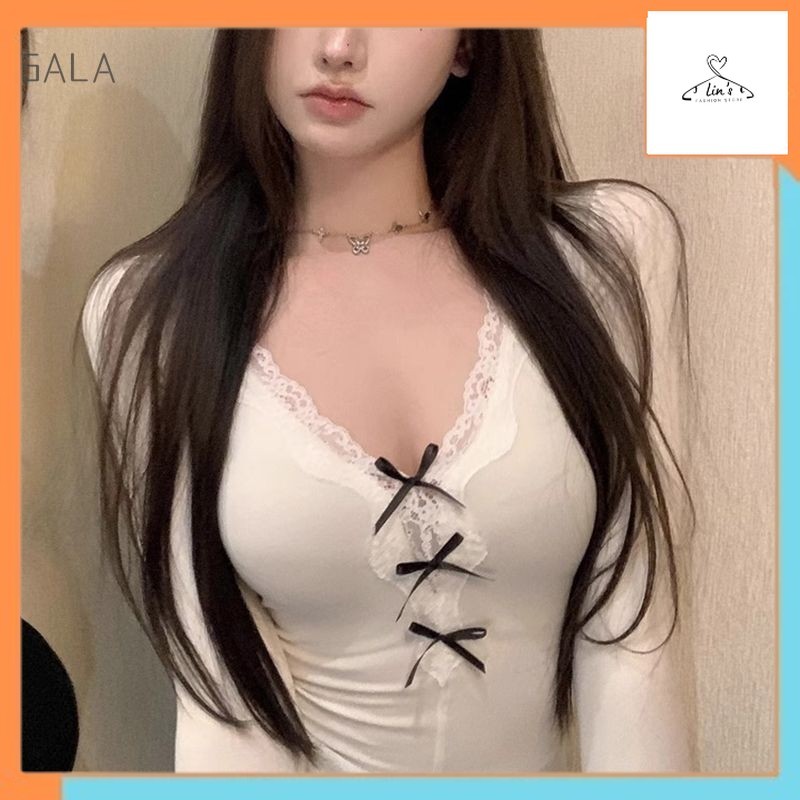 Baju Cewek korean Style Sexy Lace Crop Top Baju Wanita Korea V-Neck Crop Top Lengan Panjang GA Murah