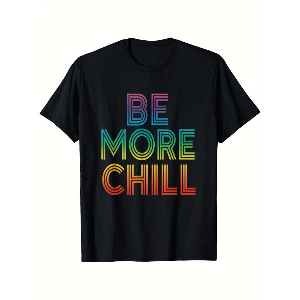 Kaos Pria Motif Retro 'Be More Chill' - Kaos Kasual Hitam Cetak Neon Pelangi Katun Tebal 180gsm - Pa