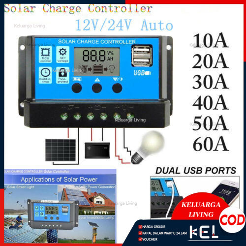 Solar Charge Controller LCD LED Display Solar Cell PWM 12V 24V 10A 20A 30A 50A 60A USB Panel Tenaga 