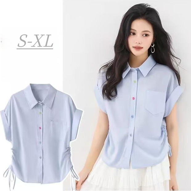 Kemeja wanita lengan pendek, kemeja wanita lengan pendek dengan tali serut, kemeja pendek wanita