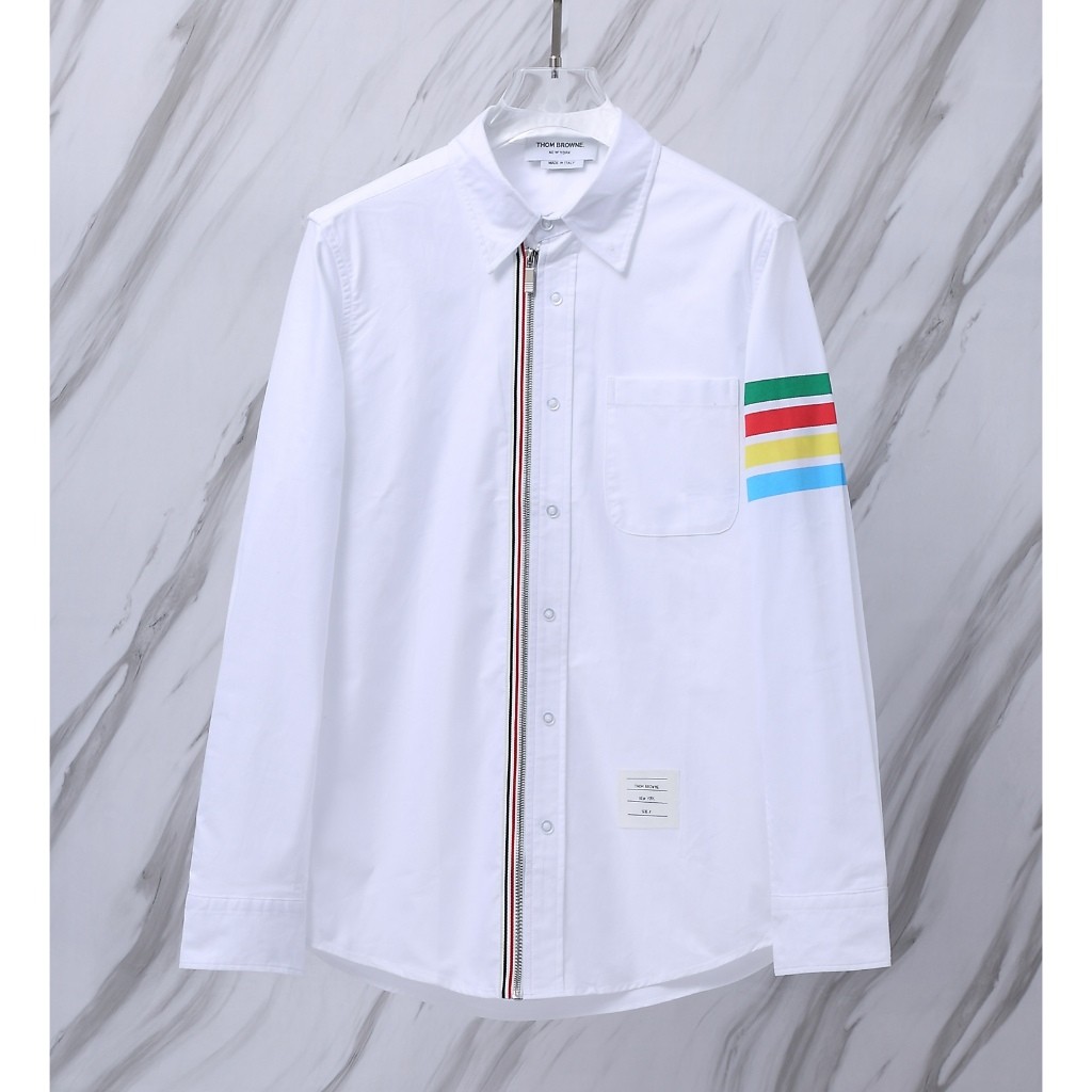 THOM./TB kemeja kemeja ritsleting klasik garis-garis pelangi jaket kardigan baru 987#