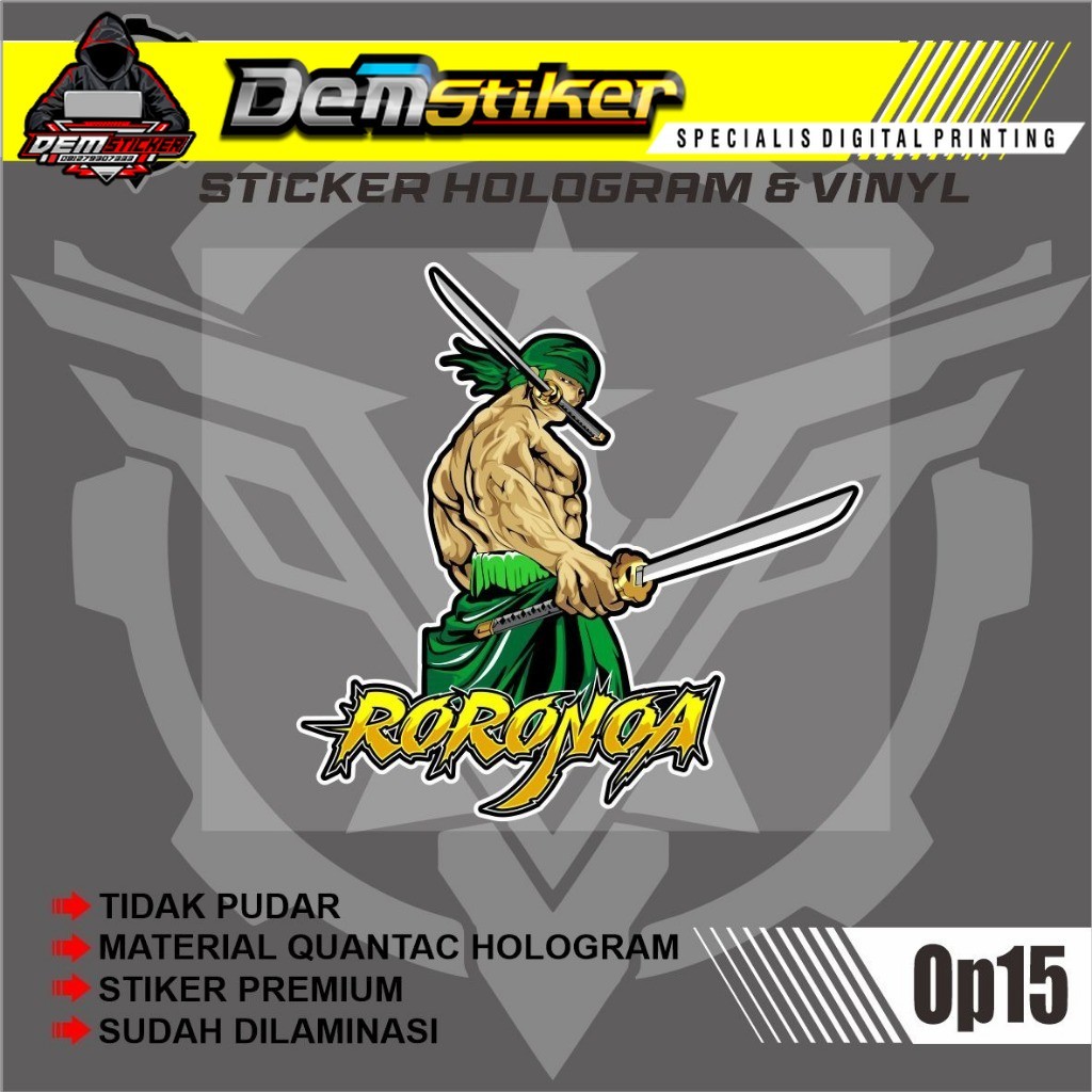 Stiker karakter zoro one piece 10cm ,stiker printing hologram dan vinyl premium