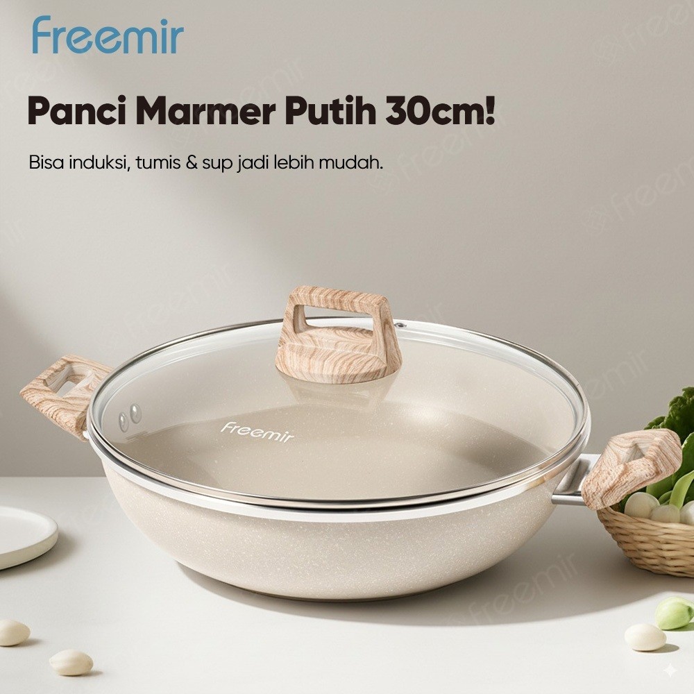 [OFFICIAL] freemir Wokpan Beige 30 cm Dengan Tutup Kaca Panci Anti Lengket Wajan Granit Bahan Tebal 
