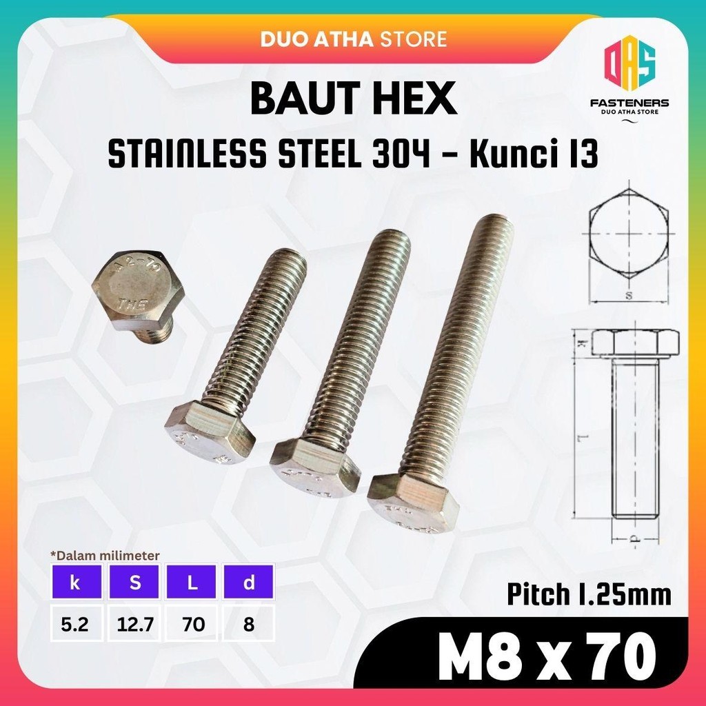 Baut Hex M8x70 Stainless Steel / Baut Only M8x70 SS304 / Baut Hexagon M8x70 SUS304 Kunci 13