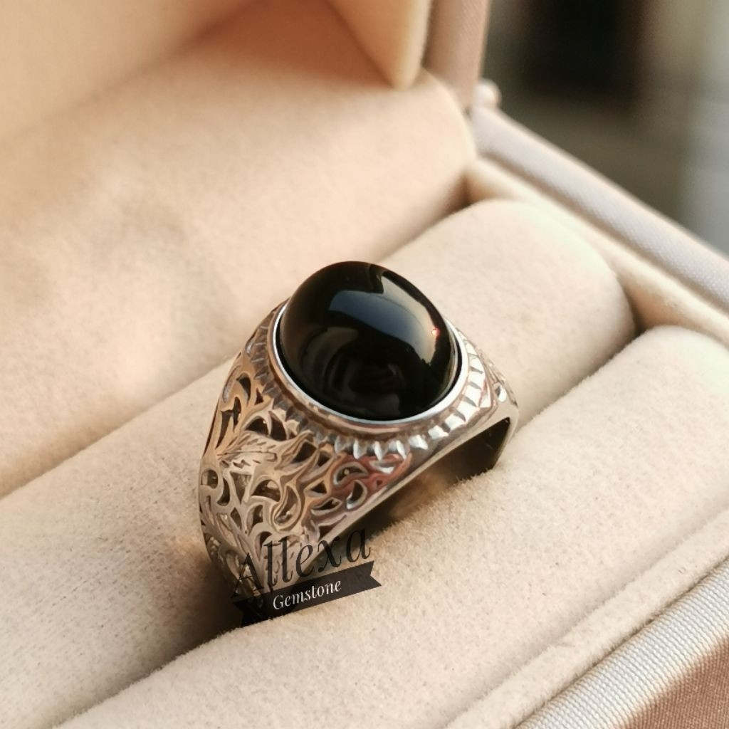 Batu Cincin Permata Kecubung Wulung Hitam Tembus Ungu Ring Titanium Elegan