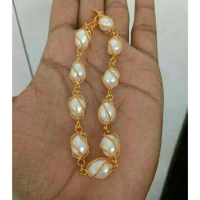 Gelang kurung mutiara air tawar putih lapis emas  Gelang mutiara Asli|  Bukan gelang mutiara Lombok 