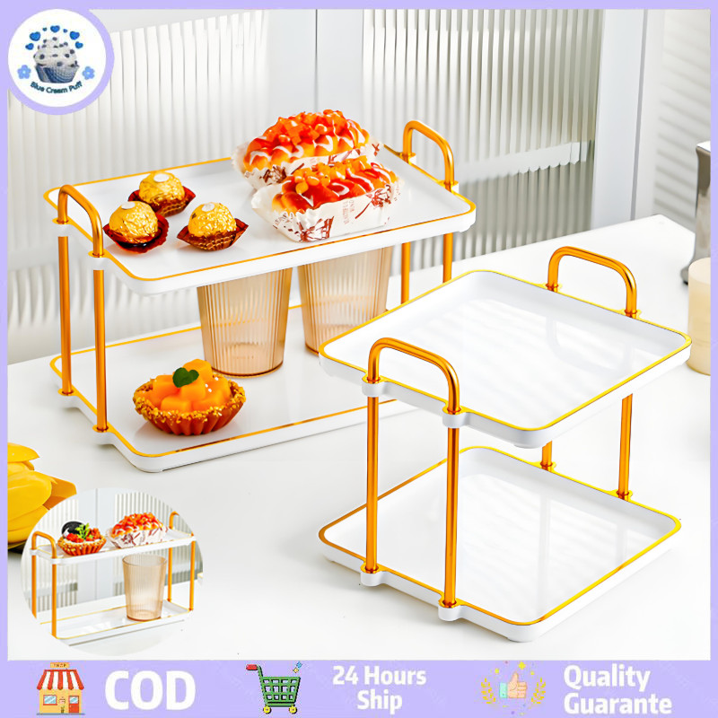 Ready 2 Tingkat Persegi Piring Kue Rak Piring Susun Tempat Buah Nampan Pajangan Gold Handle Double L