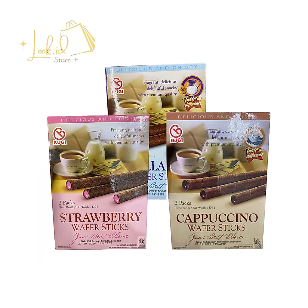Kugi Wafer Stick Coklat Vanila Strawberry Cappuccino Wafer Roll 100gr