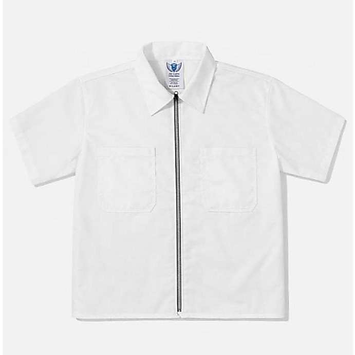 Kemeja Workshirt Zipper Lengan Pendek Polos Putih Casual Pria