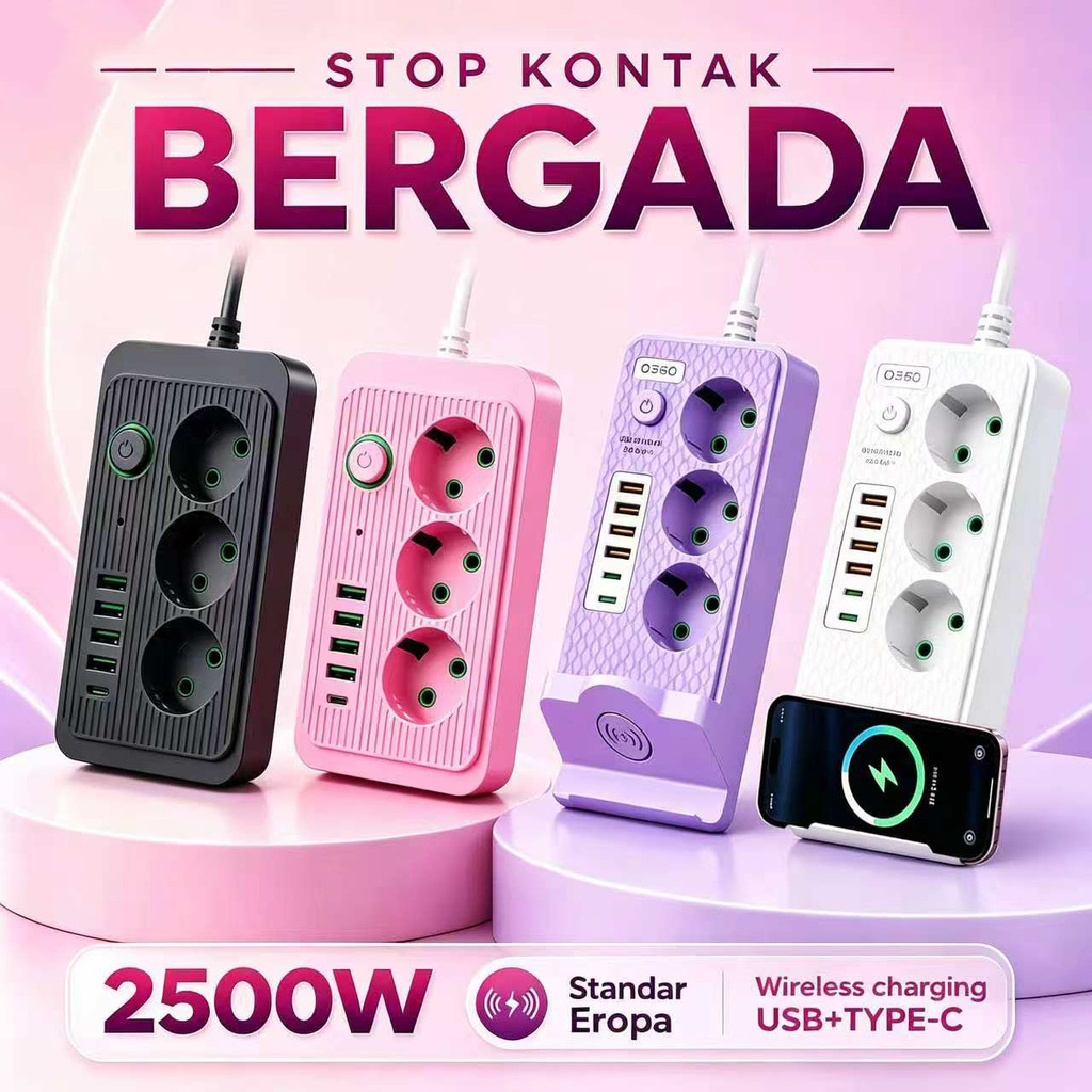 COD  2026 Supports wireless charging Power Strip Elektrik Stop Kontak Berganda Warna Pink Aesthetic 