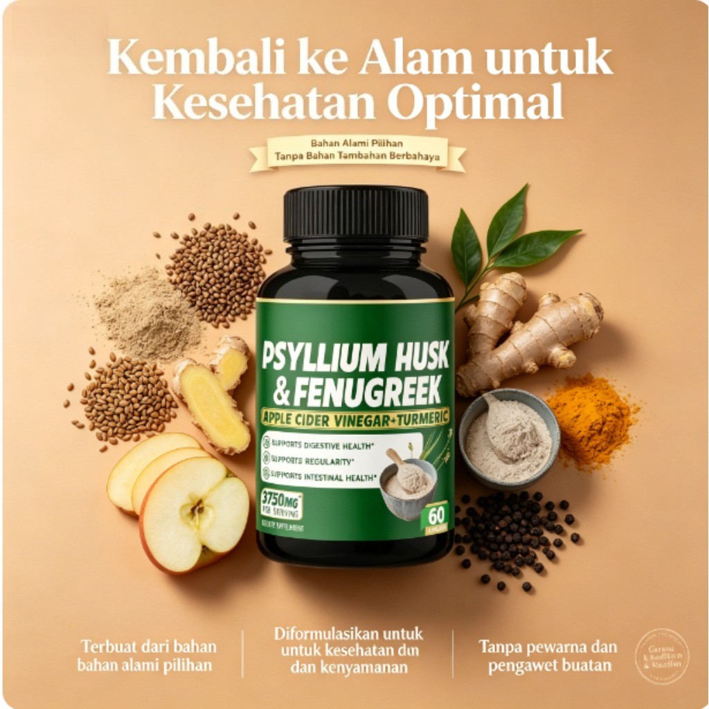 Psyllium Husk dengan Suplemen Fenugreek 3750mg 60 kapsul untuk mendukung kesehatan pencernaan dan us