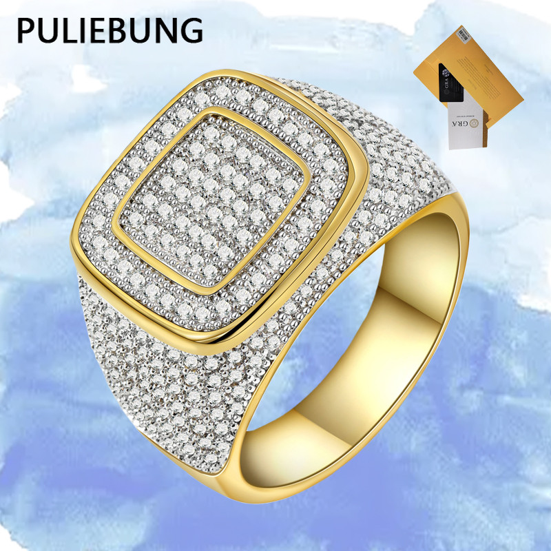 PULIEBUNG Cincin Pria Mewah Berlapis Emas Dengan Batu Moissanite