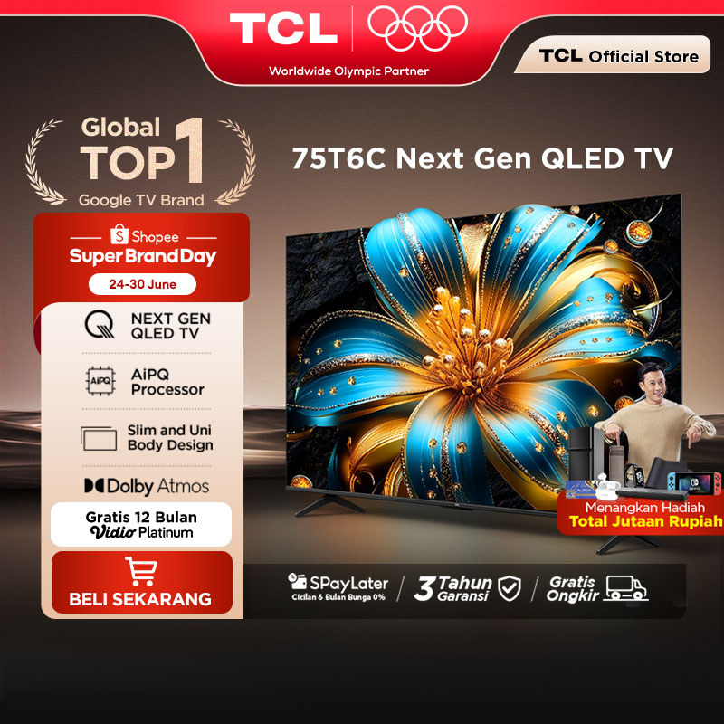 TCL Next Gen QLED 75 inch T6C - 4K Google TV - HVA Panel - HDR 10+ - Dolby Vision & Atmos - Google A